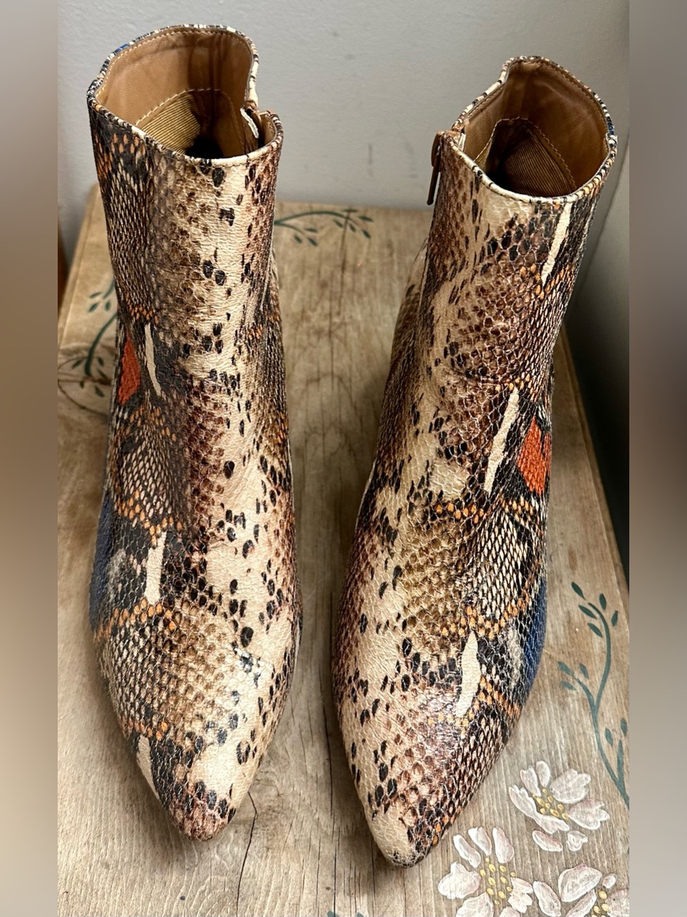 Women’s Snake-Print Ankle Boots in Tan and Brown
